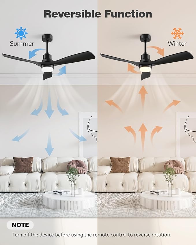 Ceiling Fan with Lights Remote Control, 52 Inch Black Ceiling Fans with 3 Downrods, 3 Blades, Timer, 6 Speed Modern Fan Quiet
