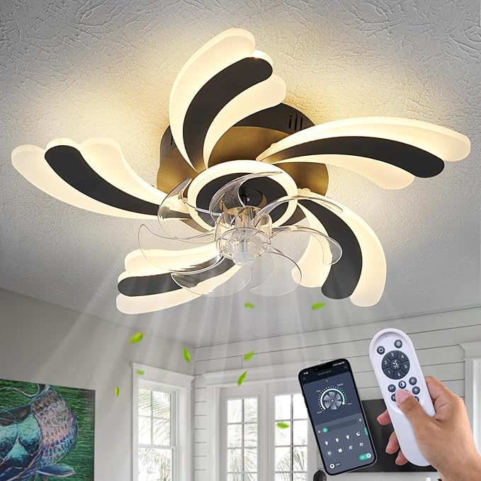 Ceiling Fan with Lights Remote Control, Black Modern Ceiling Fan with Light, 3 Light Color 6 Speeds Low Profile Flush Mount