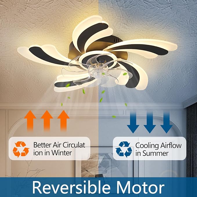 Ceiling Fan with Lights Remote Control, Black Modern Ceiling Fan with Light, 3 Light Color 6 Speeds Low Profile Flush Mount