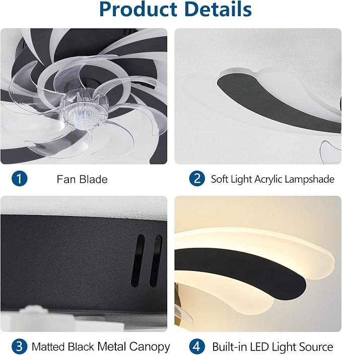 Ceiling Fan with Lights Remote Control, Black Modern Ceiling Fan with Light, 3 Light Color 6 Speeds Low Profile Flush Mount