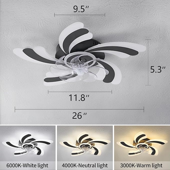 Ceiling Fan with Lights Remote Control, Black Modern Ceiling Fan with Light, 3 Light Color 6 Speeds Low Profile Flush Mount