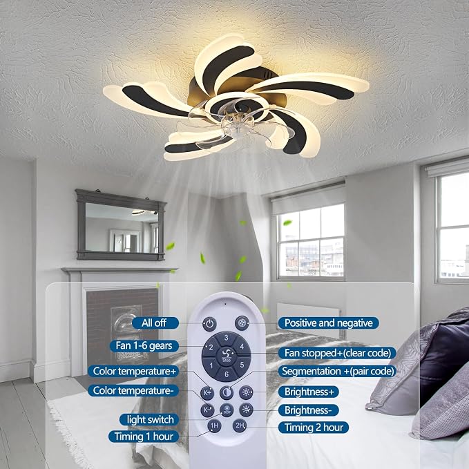 Ceiling Fan with Lights Remote Control, Black Modern Ceiling Fan with Light, 3 Light Color 6 Speeds Low Profile Flush Mount