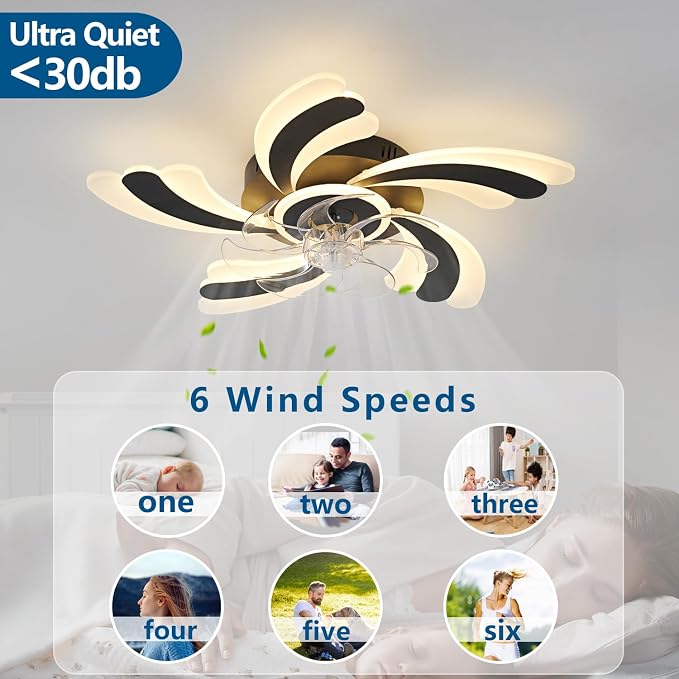 Ceiling Fan with Lights Remote Control, Black Modern Ceiling Fan with Light, 3 Light Color 6 Speeds Low Profile Flush Mount