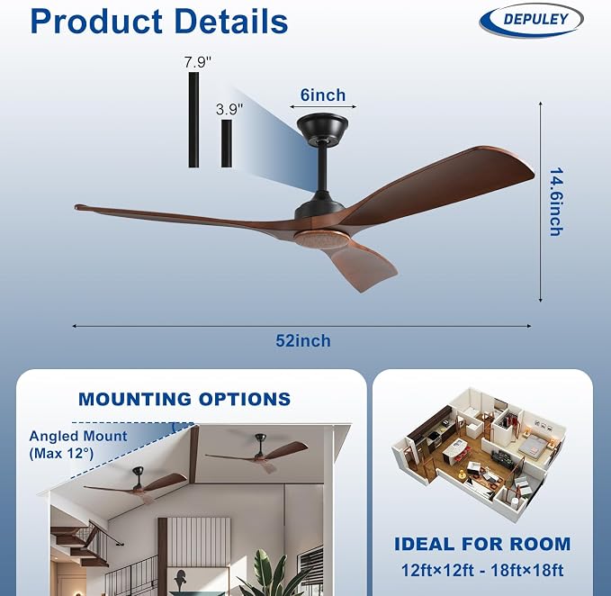 Ceiling Fan Without Light: 52 Inch 3 Blade Outdoor Fans for Patios - Walnut Ceiling Fan No Light Indoor Remote Control Ultra