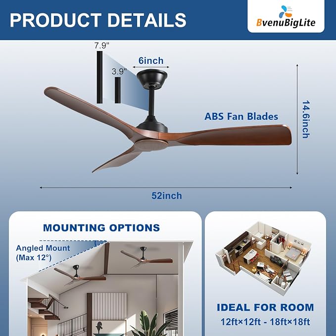 Ceiling Fan Without Light: 52 Inch Outdoor Fan for Patios - Walnut Ceiling Fan No Light Indoor - Modern 3 Blade Fan with