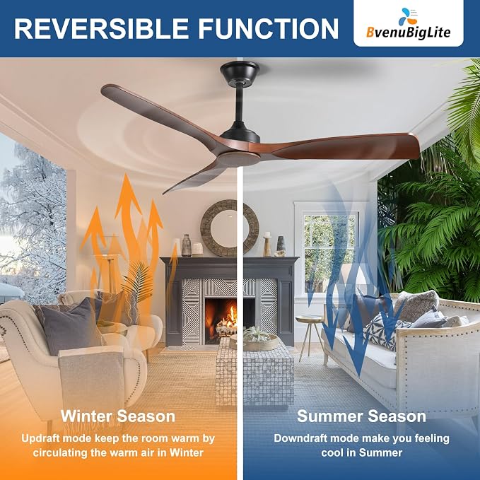 Ceiling Fan Without Light: 52 Inch Outdoor Fan for Patios - Walnut Ceiling Fan No Light Indoor - Modern 3 Blade Fan with
