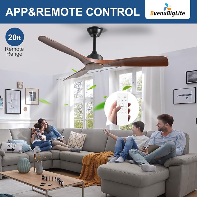Ceiling Fan Without Light: 52 Inch Outdoor Fan for Patios - Walnut Ceiling Fan No Light Indoor - Modern 3 Blade Fan with