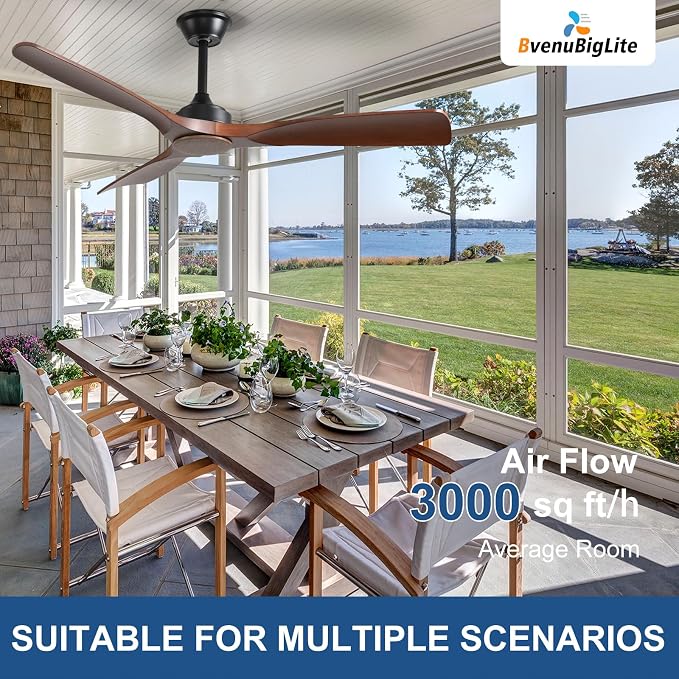 Ceiling Fan Without Light: 52 Inch Outdoor Fan for Patios - Walnut Ceiling Fan No Light Indoor - Modern 3 Blade Fan with