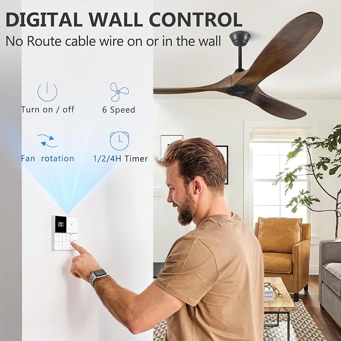 Ceiling Fan without Light, 60 Inch Wood Ceiling Fan no Light with Remote Wall Switch, Outdoor Fan for Patio, Porch, Bedroom