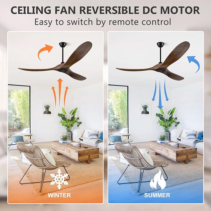 Ceiling Fan without Light, 60 Inch Wood Ceiling Fan no Light with Remote Wall Switch, Outdoor Fan for Patio, Porch, Bedroom