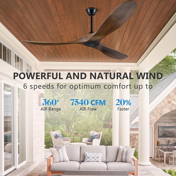 Ceiling Fan without Light, 60 Inch Wood Ceiling Fan no Light with Remote Wall Switch, Outdoor Fan for Patio, Porch, Bedroom
