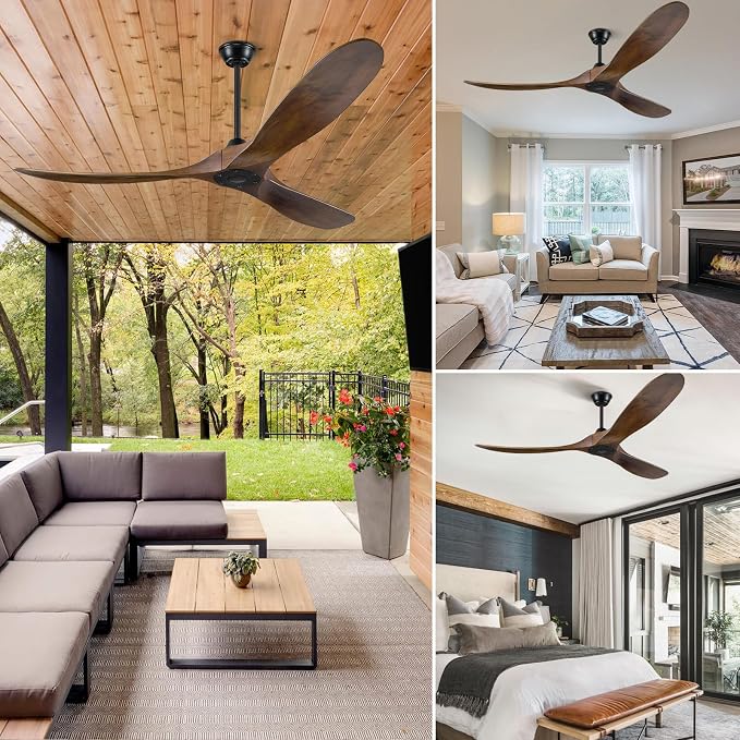 Ceiling Fan without Light, 60 Inch Wood Ceiling Fan no Light with Remote Wall Switch, Outdoor Fan for Patio, Porch, Bedroom