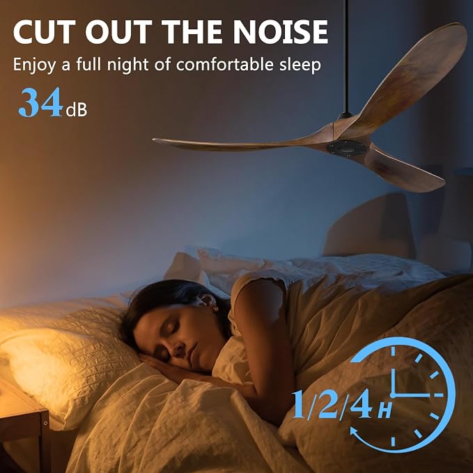 Ceiling Fan without Light, 60 Inch Wood Ceiling Fan no Light with Remote Wall Switch, Outdoor Fan for Patio, Porch, Bedroom