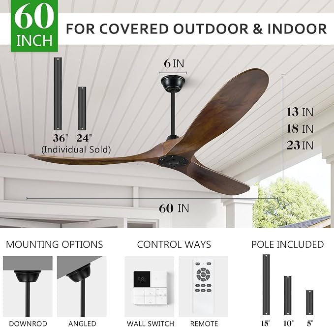 Ceiling Fan without Light, 60 Inch Wood Ceiling Fan no Light with Remote Wall Switch, Outdoor Fan for Patio, Porch, Bedroom