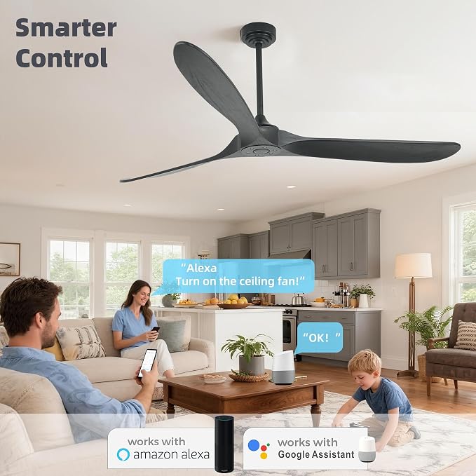 Ceiling Fan Without Light, 72 Inch Smart Wood Ceiling Fan no Lights, Compatible with Alexa/Google, 3 Natural Walnut Black