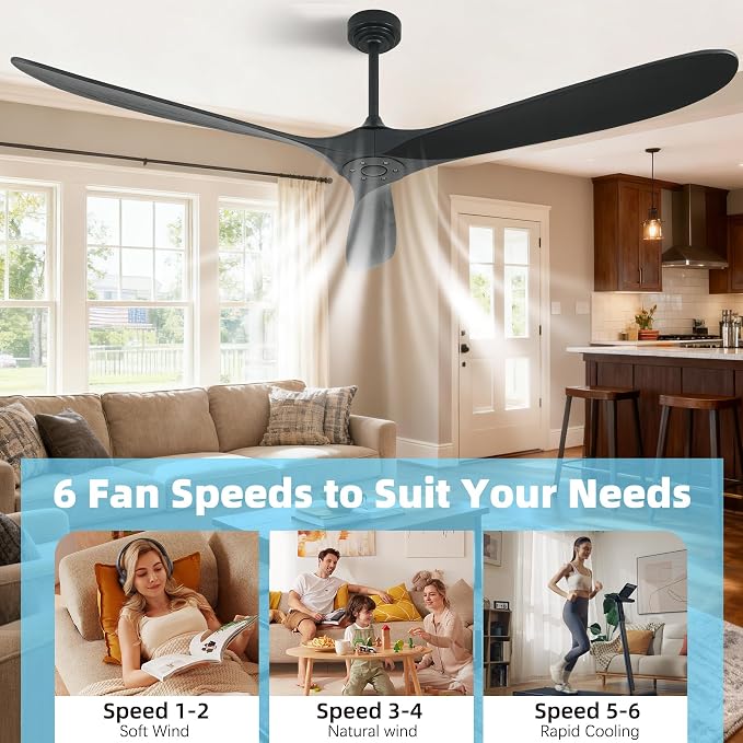 Ceiling Fan Without Light, 72 Inch Smart Wood Ceiling Fan no Lights, Compatible with Alexa/Google, 3 Natural Walnut Black
