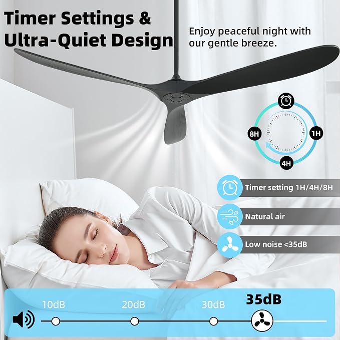 Ceiling Fan Without Light, 72 Inch Smart Wood Ceiling Fan no Lights, Compatible with Alexa/Google, 3 Natural Walnut Black