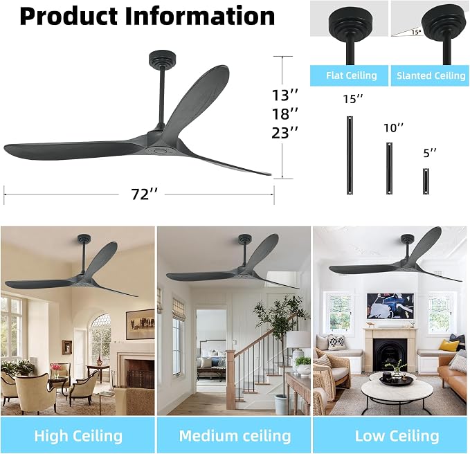 Ceiling Fan Without Light, 72 Inch Smart Wood Ceiling Fan no Lights, Compatible with Alexa/Google, 3 Natural Walnut Black
