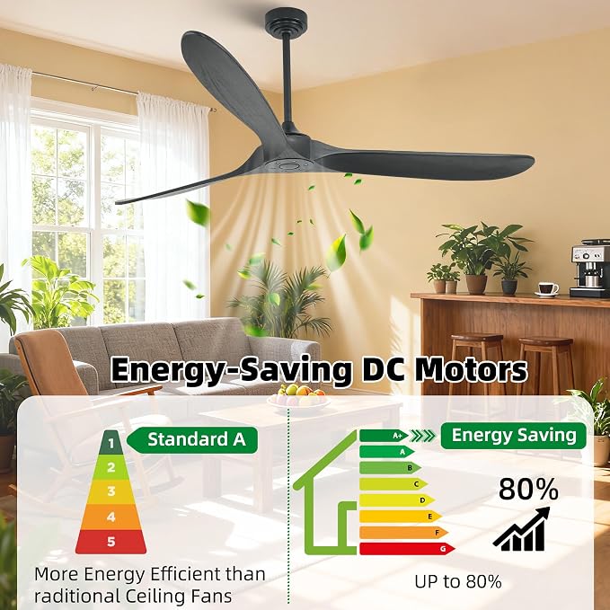 Ceiling Fan Without Light, 72 Inch Smart Wood Ceiling Fan no Lights, Compatible with Alexa/Google, 3 Natural Walnut Black