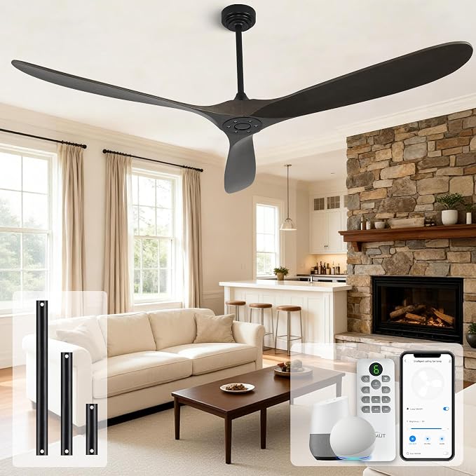 Ceiling Fan Without Light, 72 Inch Smart Wood Ceiling Fan no Lights, Compatible with Alexa/Google, 3 Natural Walnut Blades