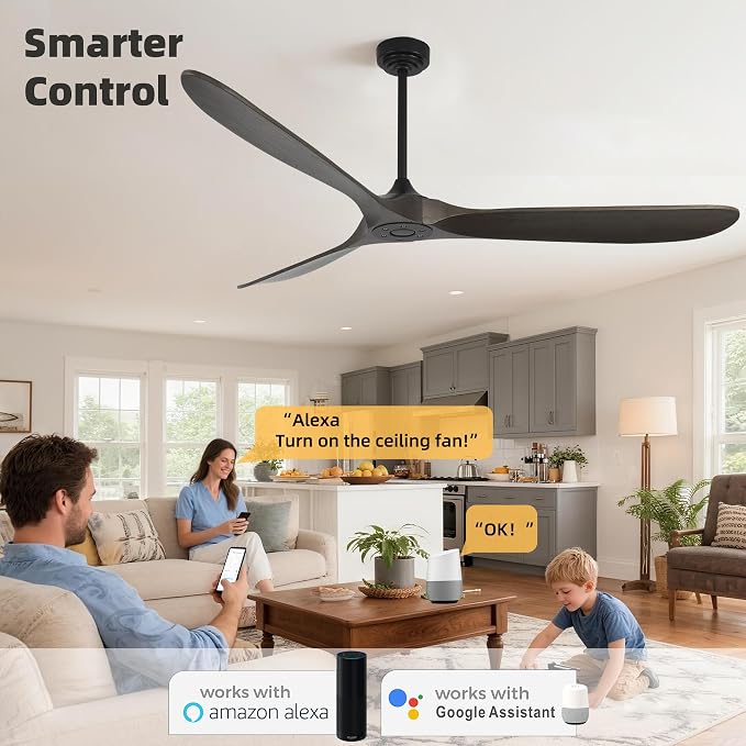 Ceiling Fan Without Light, 72 Inch Smart Wood Ceiling Fan no Lights, Compatible with Alexa/Google, 3 Natural Walnut Blades