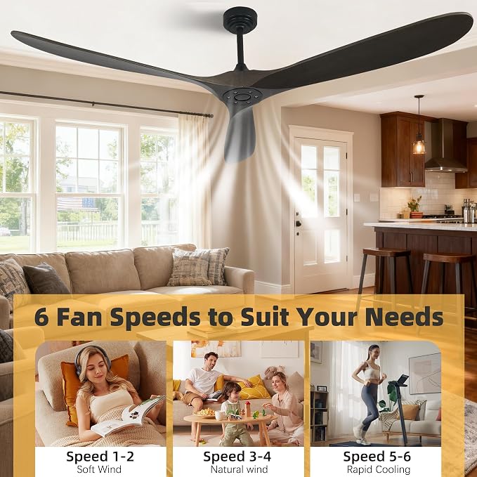 Ceiling Fan Without Light, 72 Inch Smart Wood Ceiling Fan no Lights, Compatible with Alexa/Google, 3 Natural Walnut Blades