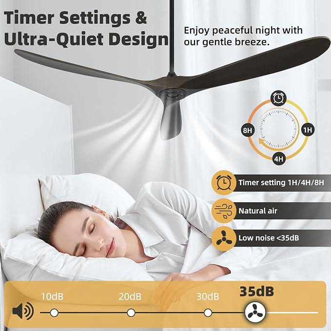 Ceiling Fan Without Light, 72 Inch Smart Wood Ceiling Fan no Lights, Compatible with Alexa/Google, 3 Natural Walnut Blades