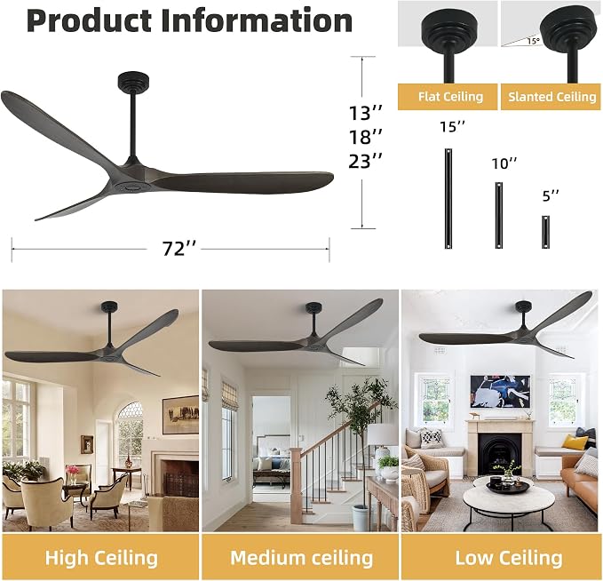 Ceiling Fan Without Light, 72 Inch Smart Wood Ceiling Fan no Lights, Compatible with Alexa/Google, 3 Natural Walnut Blades