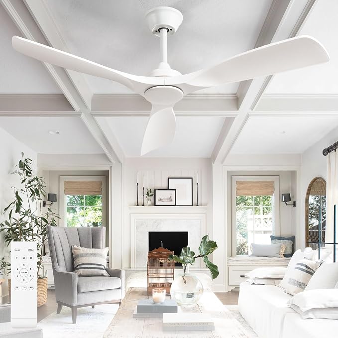 Ceiling Fan Without Light: Modern 52 Inch 3 Blade Indoor Outdoor Fan with Remote Control - White Ceiling Fan No Light