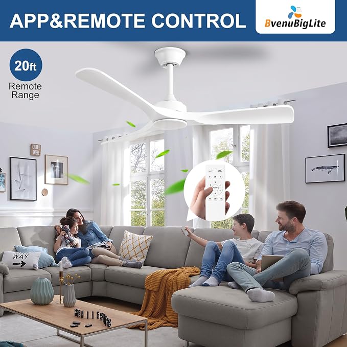 Ceiling Fan Without Light: Modern 52 Inch 3 Blade Indoor Outdoor Fan with Remote Control - White Ceiling Fan No Light