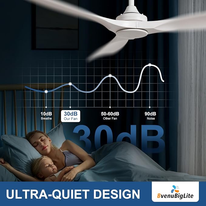 Ceiling Fan Without Light: Modern 52 Inch 3 Blade Indoor Outdoor Fan with Remote Control - White Ceiling Fan No Light