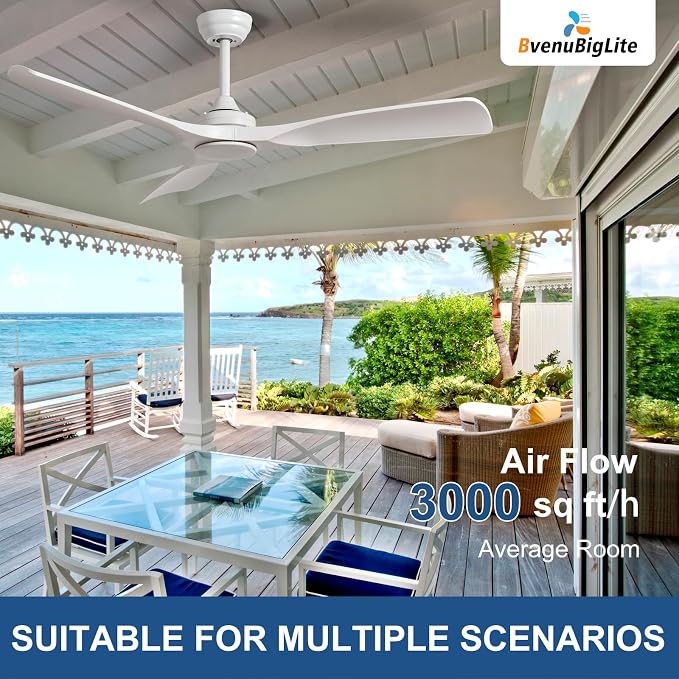 Ceiling Fan Without Light: Modern 52 Inch 3 Blade Indoor Outdoor Fan with Remote Control - White Ceiling Fan No Light