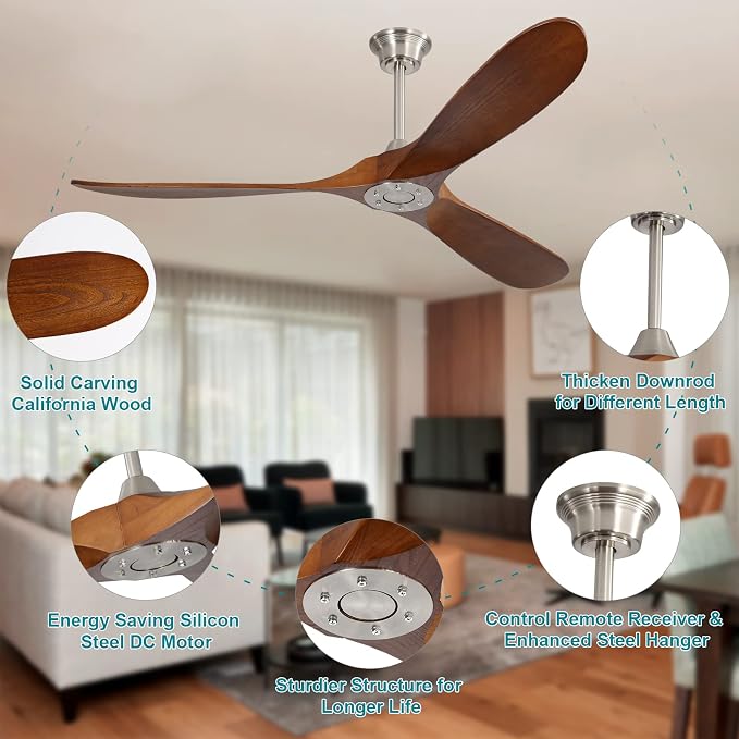 Ceiling Fan Without Lights, 60 Inch Low Profile Flush Mount Mordern Wood Ceiling Fan with Remote for Indoor Farmhouse Bedroom
