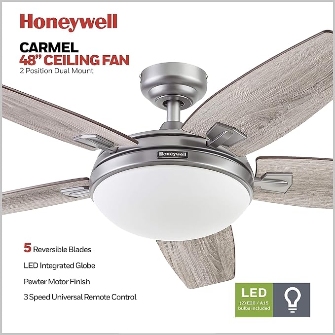Ceiling Fans Carmel Modern 48 Inch Ceiling Fan with Light, Remote Control Fan, LED Indoor Fan with 5 Blades, Gray Oak and