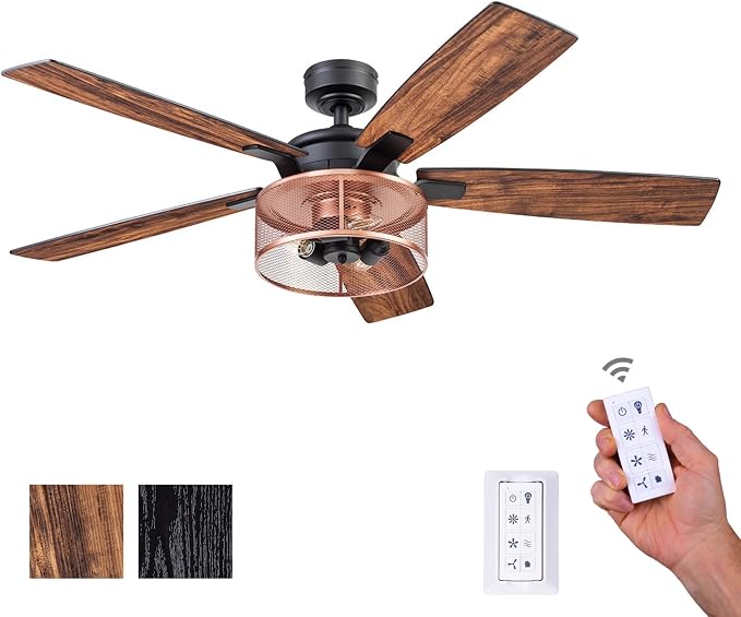 Ceiling Fans Carnegie Industrial 52 Inch Ceiling Fan with Light, Remote Control Fan, LED Indoor Fan with 5 Blades, Black Oak