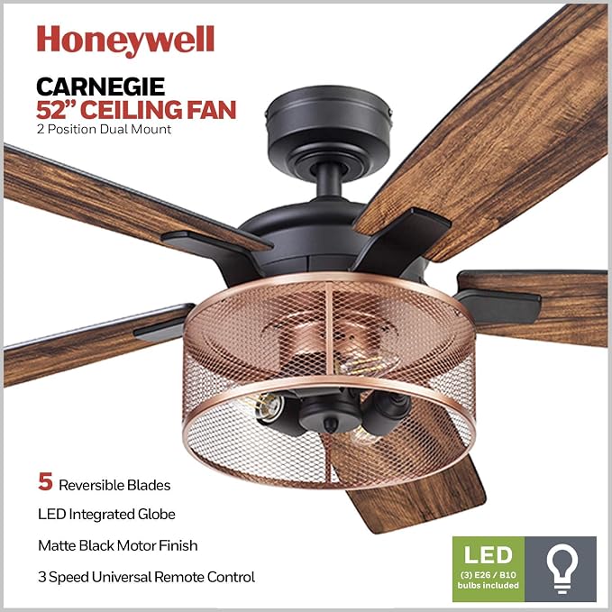 Ceiling Fans Carnegie Industrial 52 Inch Ceiling Fan with Light, Remote Control Fan, LED Indoor Fan with 5 Blades, Black Oak