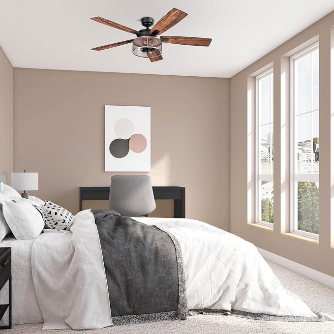 Ceiling Fans Carnegie Industrial 52 Inch Ceiling Fan with Light, Remote Control Fan, LED Indoor Fan with 5 Blades, Black Oak