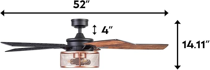 Ceiling Fans Carnegie Industrial 52 Inch Ceiling Fan with Light, Remote Control Fan, LED Indoor Fan with 5 Blades, Black Oak