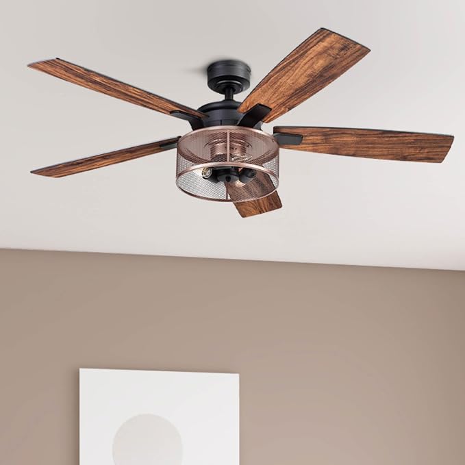 Ceiling Fans Carnegie Industrial 52 Inch Ceiling Fan with Light, Remote Control Fan, LED Indoor Fan with 5 Blades, Black Oak