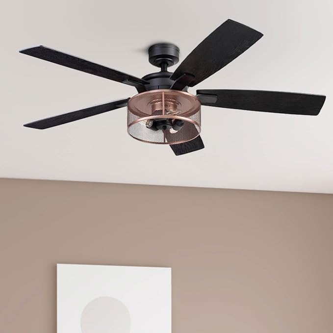 Ceiling Fans Carnegie Industrial 52 Inch Ceiling Fan with Light, Remote Control Fan, LED Indoor Fan with 5 Blades, Black Oak