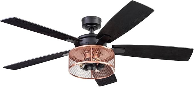 Ceiling Fans Carnegie Industrial 52 Inch Ceiling Fan with Light, Remote Control Fan, LED Indoor Fan with 5 Blades, Black Oak