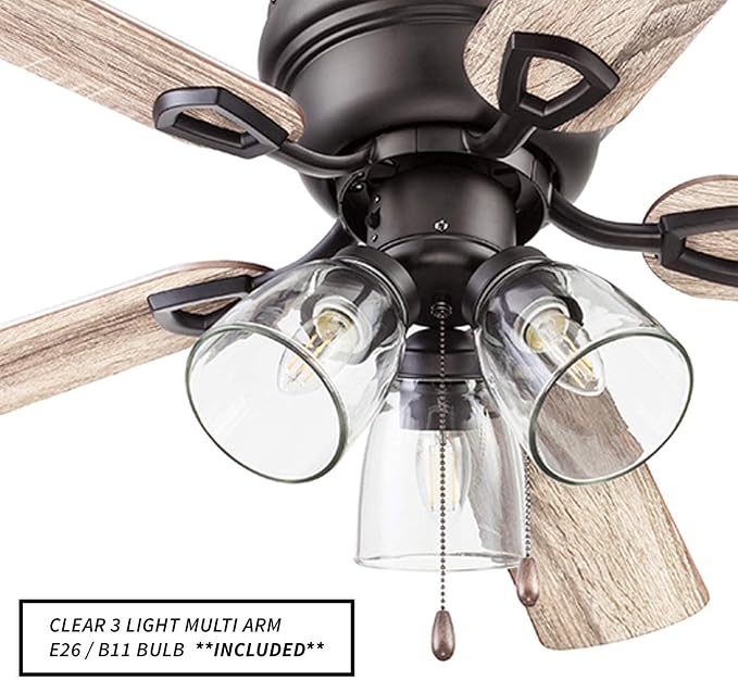 Ceiling Fans Renton 42" Bronze Indoor Fan with Clear 3 Light LED Multi Arm; E26/B11 Bulb and Pull-Chains, Traditional Style