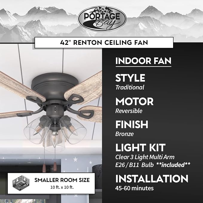Ceiling Fans Renton 42" Bronze Indoor Fan with Clear 3 Light LED Multi Arm; E26/B11 Bulb and Pull-Chains, Traditional Style