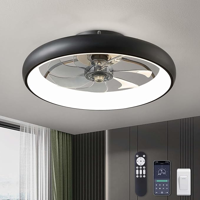 Ceiling Fans with Lights 20'' Flush Mount Fan Remote & APP Control Black Low Profile 6 Wind Speeds Smart Dimmable LED for
