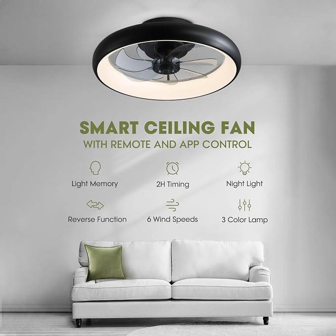 Ceiling Fans with Lights 20'' Flush Mount Fan Remote & APP Control Black Low Profile 6 Wind Speeds Smart Dimmable LED for