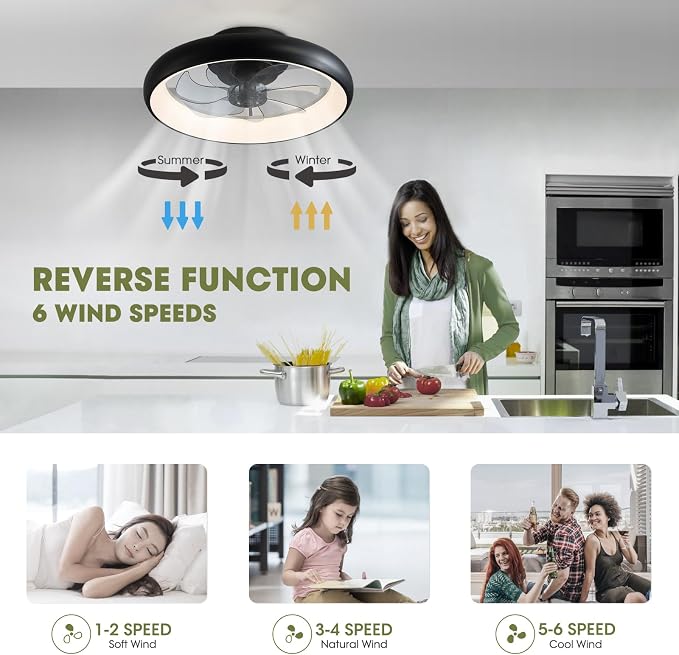 Ceiling Fans with Lights 20'' Flush Mount Fan Remote & APP Control Black Low Profile 6 Wind Speeds Smart Dimmable LED for