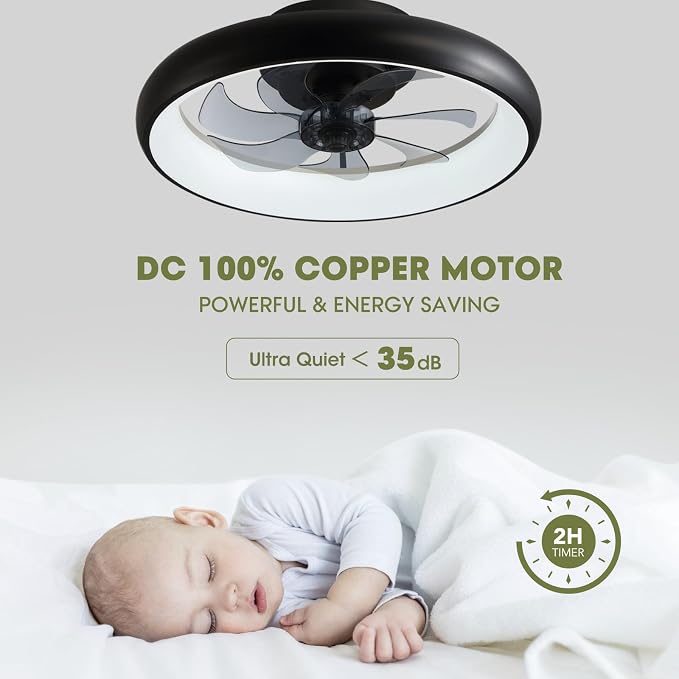 Ceiling Fans with Lights 20'' Flush Mount Fan Remote & APP Control Black Low Profile 6 Wind Speeds Smart Dimmable LED for