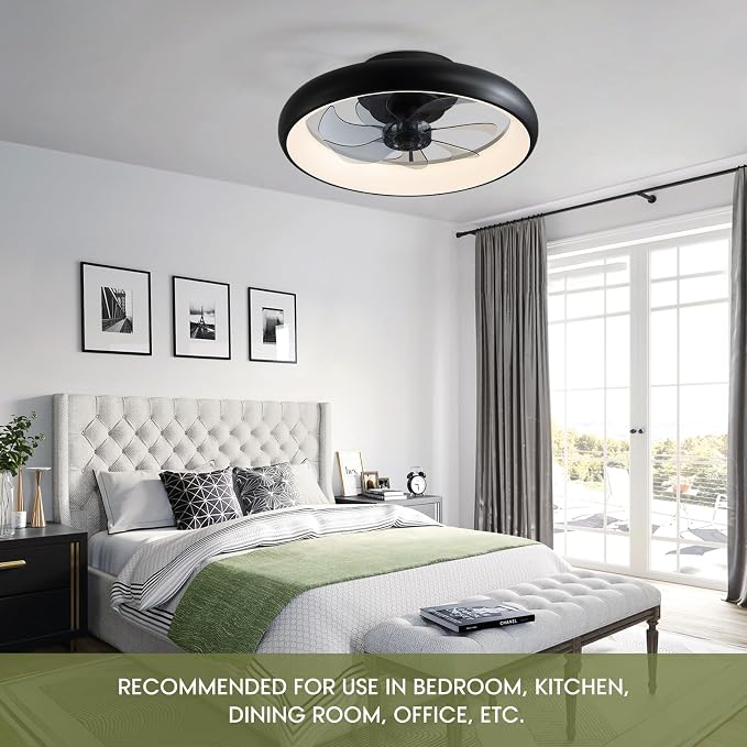 Ceiling Fans with Lights 20'' Flush Mount Fan Remote & APP Control Black Low Profile 6 Wind Speeds Smart Dimmable LED for