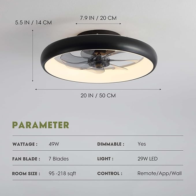 Ceiling Fans with Lights 20'' Flush Mount Fan Remote & APP Control Black Low Profile 6 Wind Speeds Smart Dimmable LED for