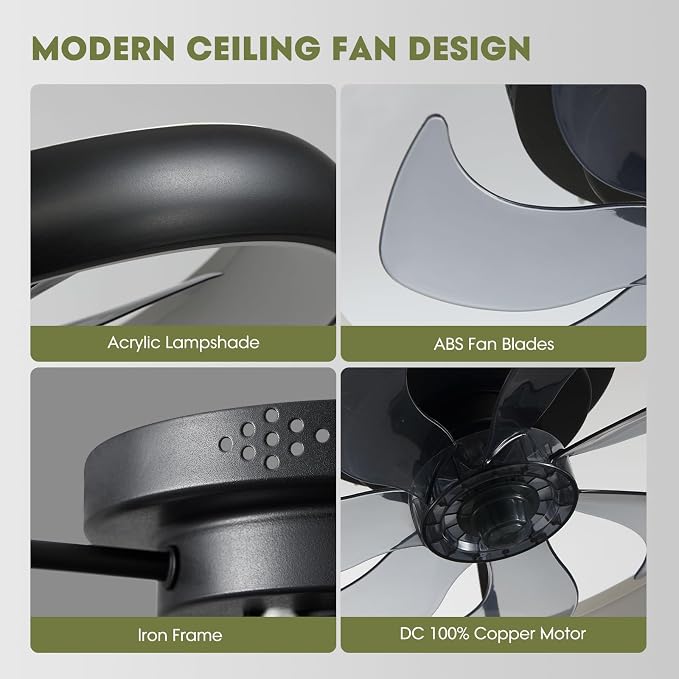 Ceiling Fans with Lights 20'' Flush Mount Fan Remote & APP Control Black Low Profile 6 Wind Speeds Smart Dimmable LED for